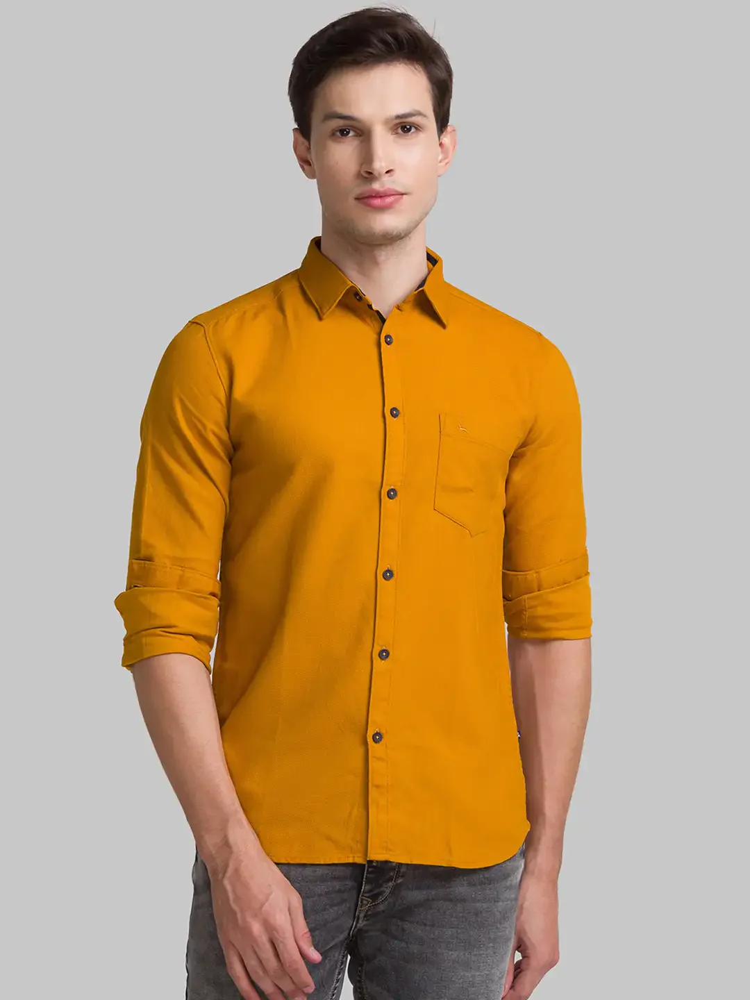 Men Yellow Slim Fit Solid Cotton Full Sleeve Shirts