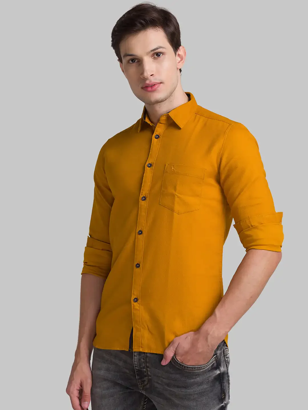 Men Yellow Slim Fit Solid Cotton Full Sleeve Shirts - Image 3