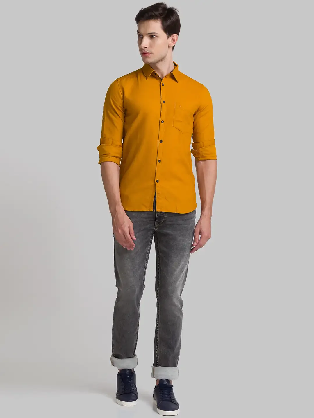 Men Yellow Slim Fit Solid Cotton Full Sleeve Shirts - Image 5