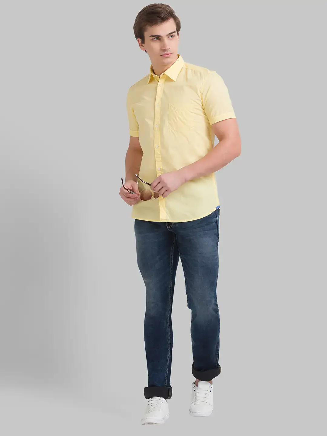Men Yellow Slim Fit Solid Cotton Half Sleeve Shirts - Image 5