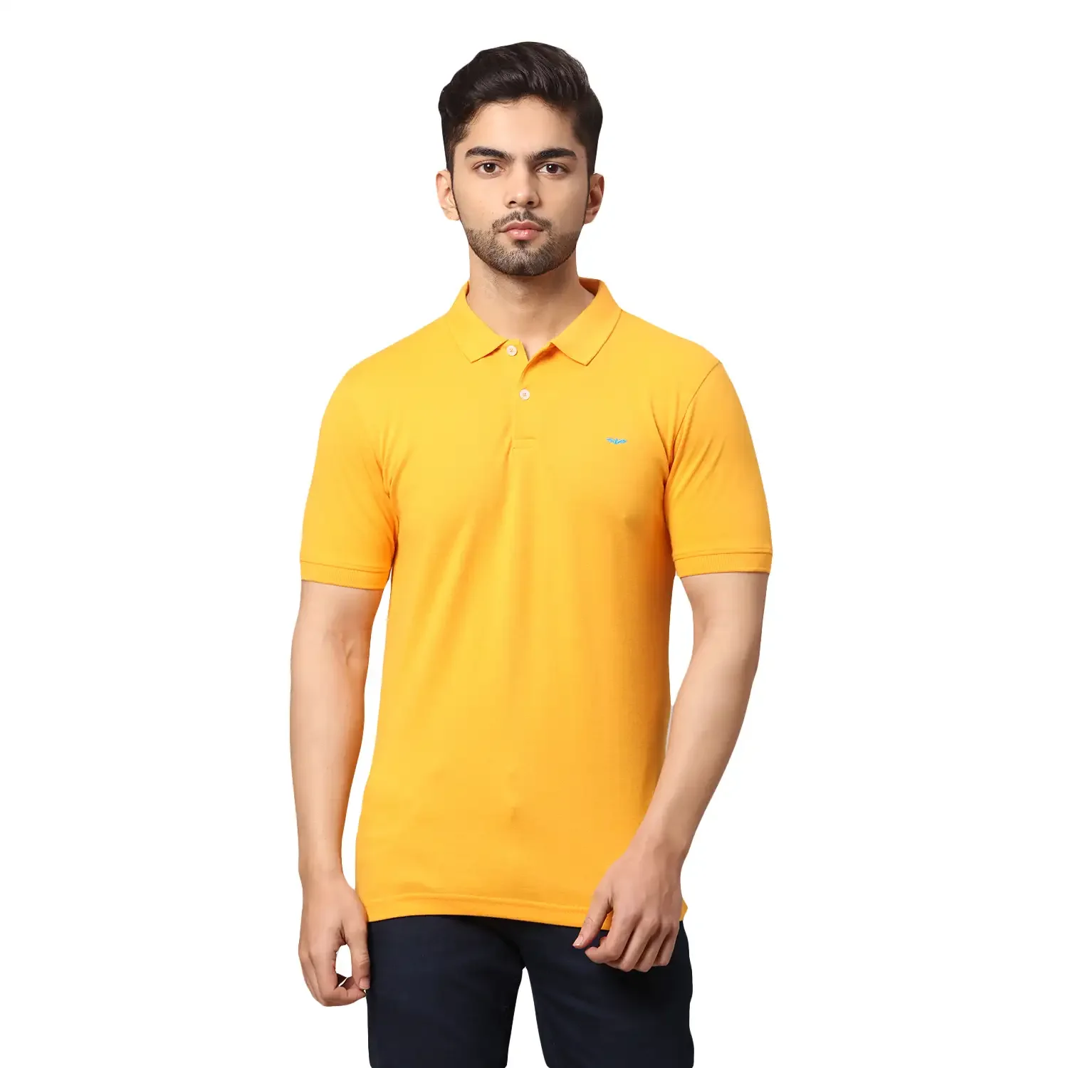 Men Yellow Slim Fit Solid Cotton Polyester Blend Round Neck Collar Polo T-Shirt