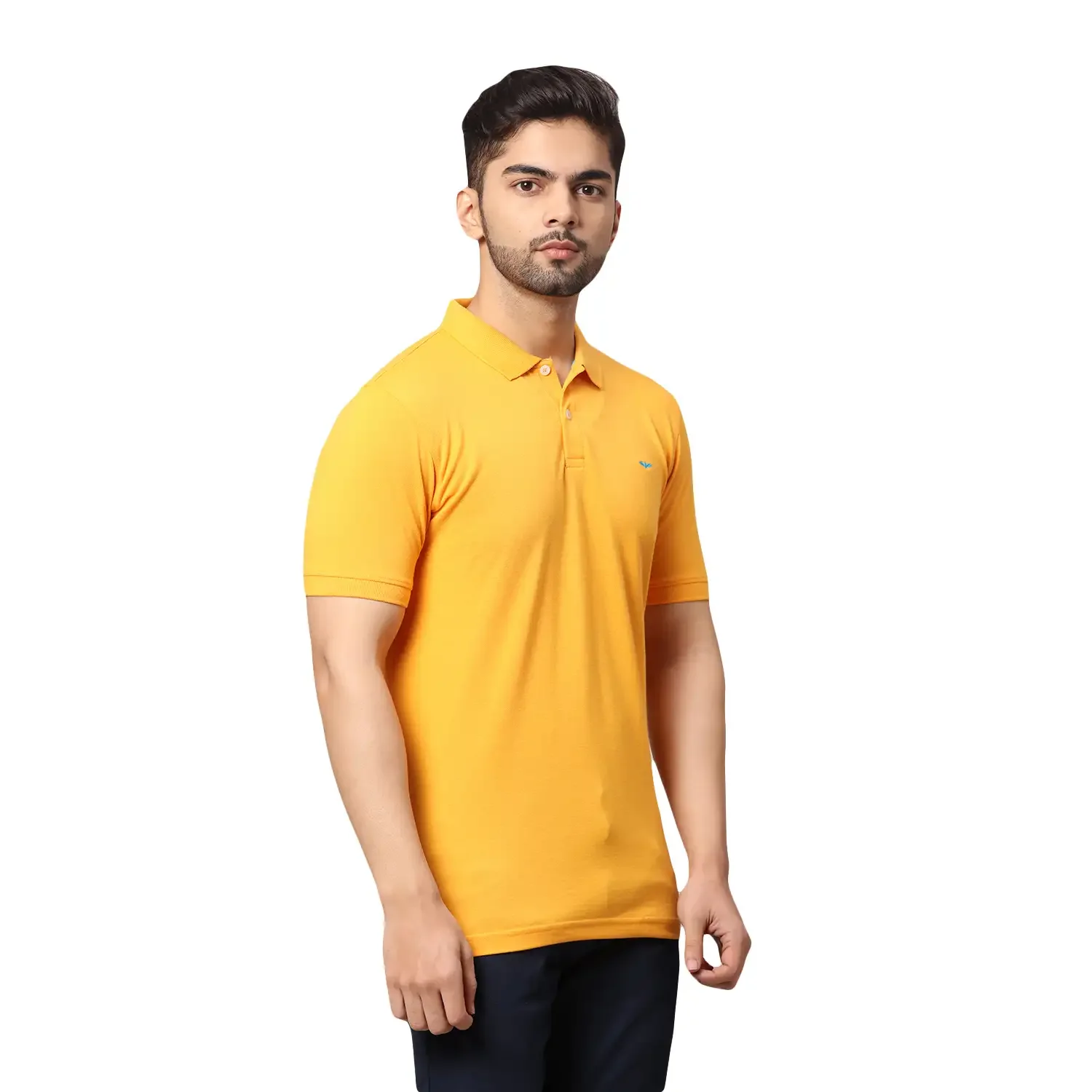 Men Yellow Slim Fit Solid Cotton Polyester Blend Round Neck Collar Polo T-Shirt - Image 2