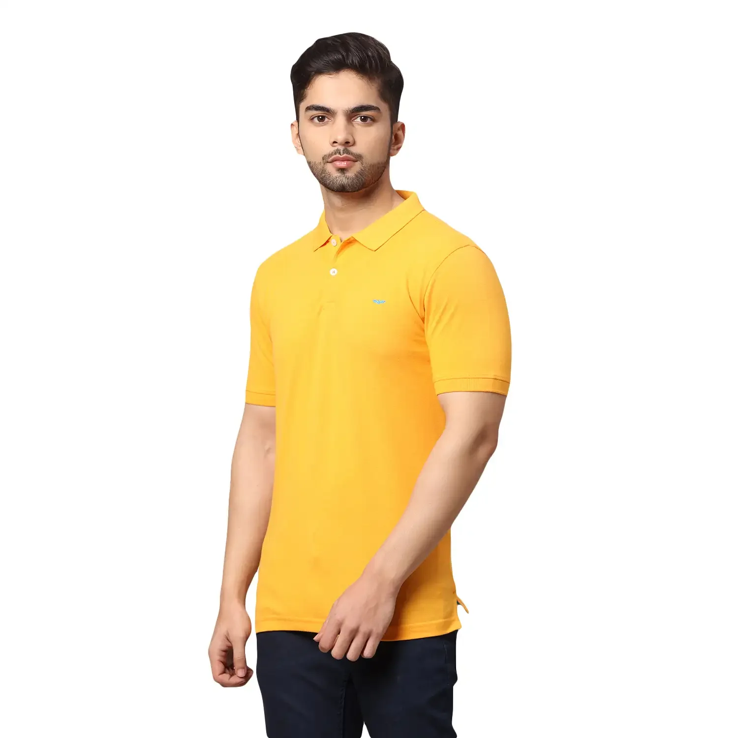 Men Yellow Slim Fit Solid Cotton Polyester Blend Round Neck Collar Polo T-Shirt - Image 3