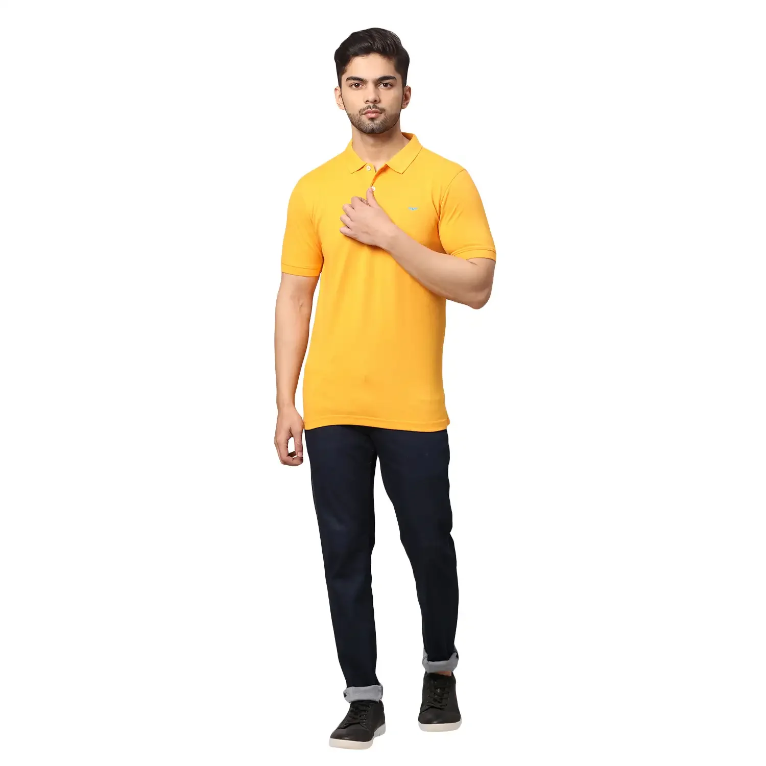 Men Yellow Slim Fit Solid Cotton Polyester Blend Round Neck Collar Polo T-Shirt - Image 5