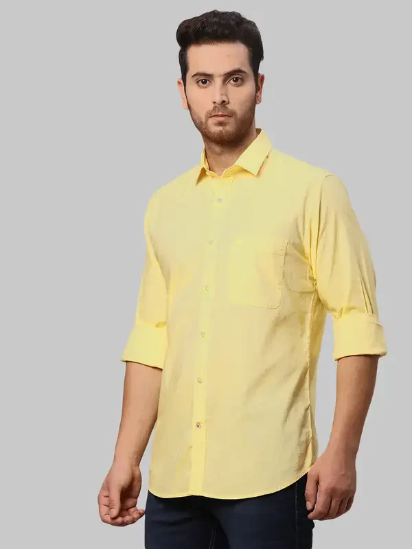 Men Yellow Slim Fit Solid Cotton Shirts - Image 3