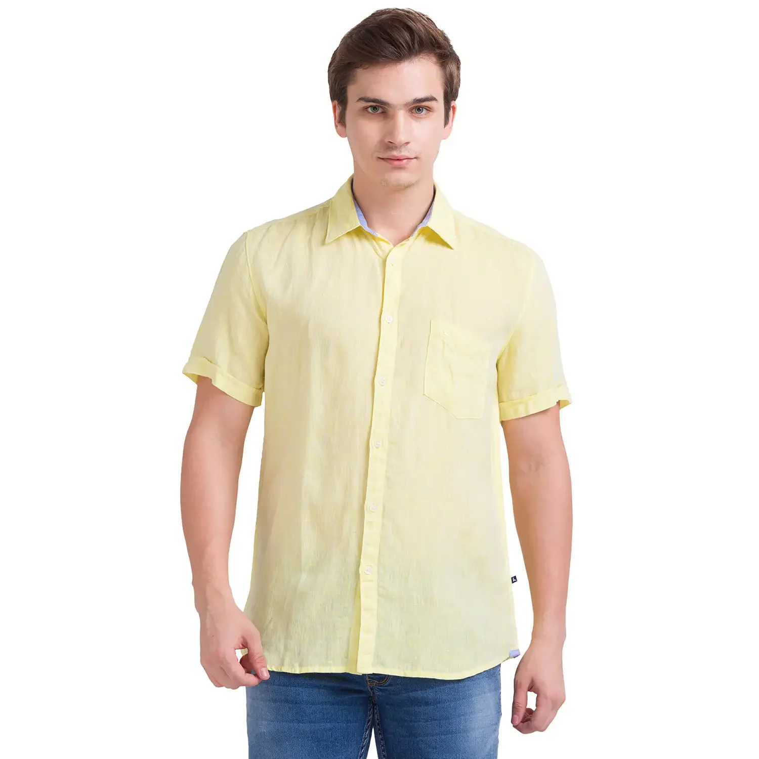 Men Yellow Slim Fit Solid Linen Half Sleeve Shirts