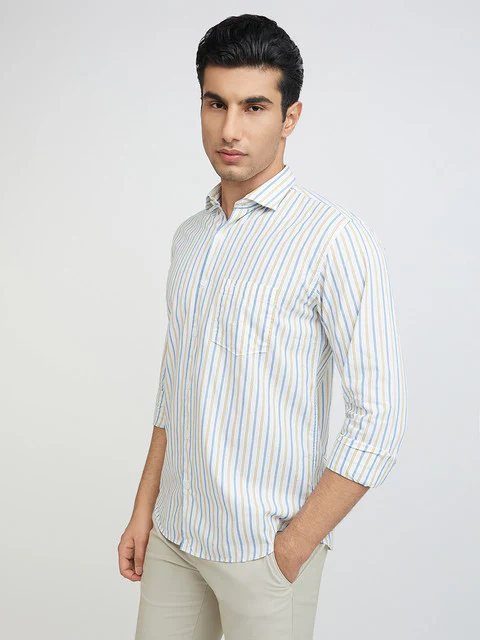Men Yellow Slim Fit Stripe Cotton Cut Away Collar Shirts - Image 3