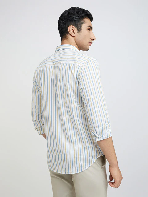 Men Yellow Slim Fit Stripe Cotton Cut Away Collar Shirts - Image 4