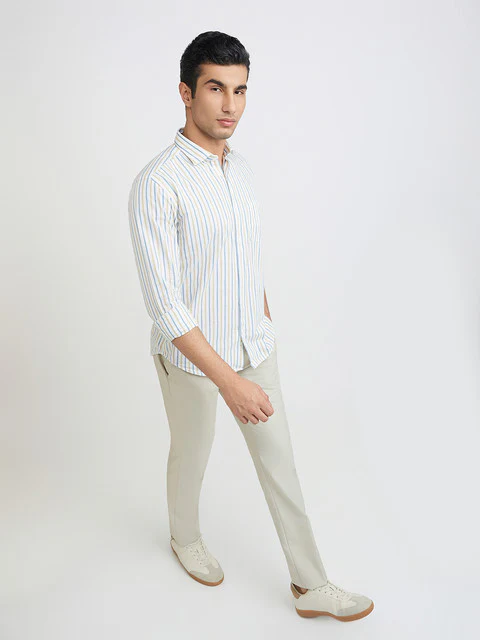 Men Yellow Slim Fit Stripe Cotton Cut Away Collar Shirts - Image 5