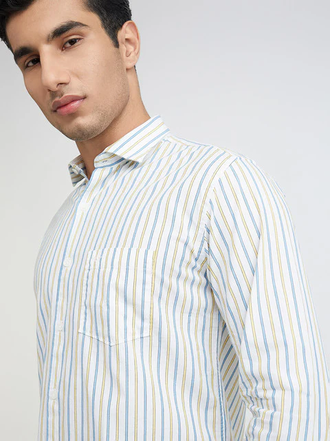 Men Yellow Slim Fit Stripe Cotton Cut Away Collar Shirts - Image 6