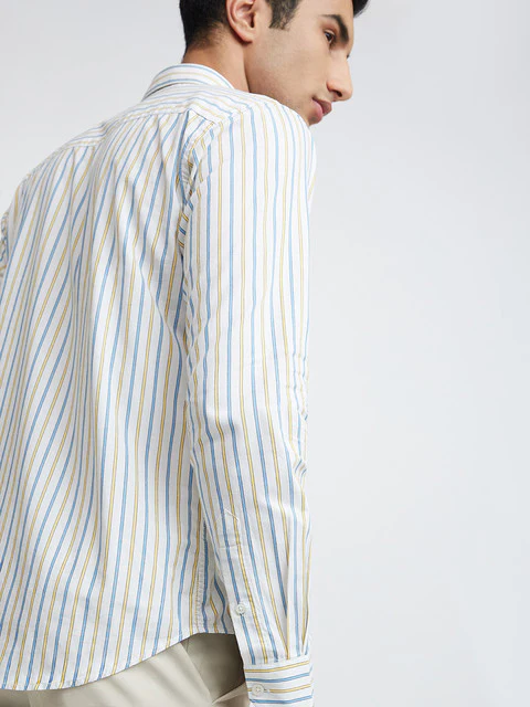 Men Yellow Slim Fit Stripe Cotton Cut Away Collar Shirts - Image 7