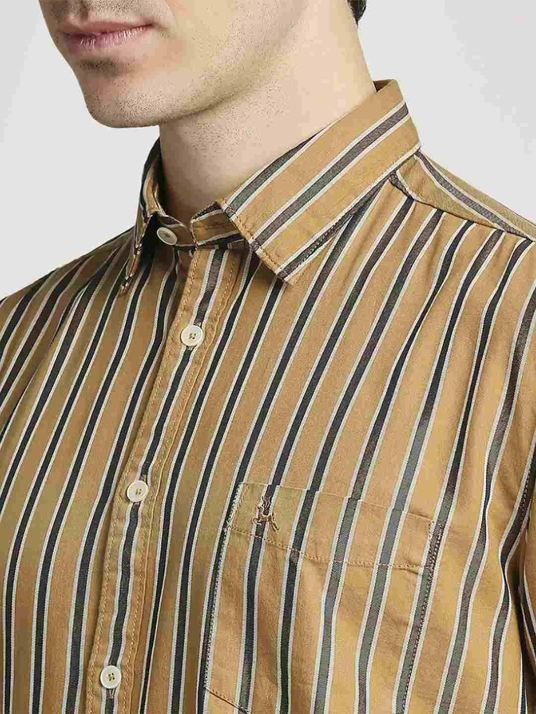 Men Yellow Slim Fit Stripe Cotton Full Sleeve Shirts