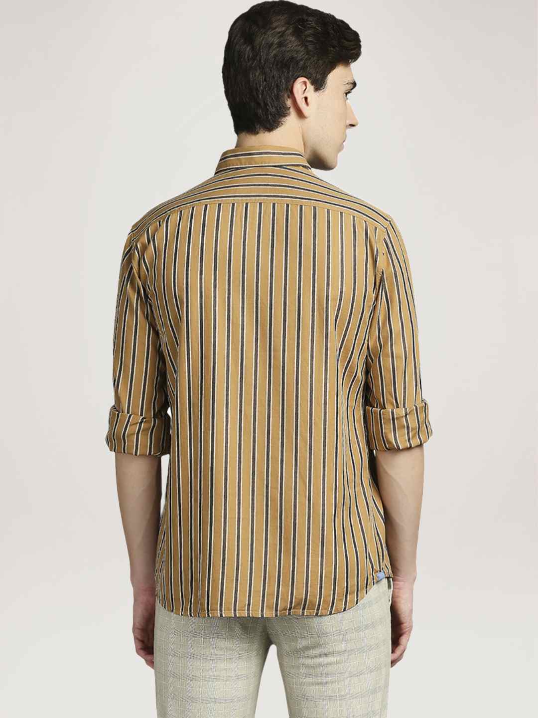 Men Yellow Slim Fit Stripe Cotton Full Sleeve Shirts - Image 3