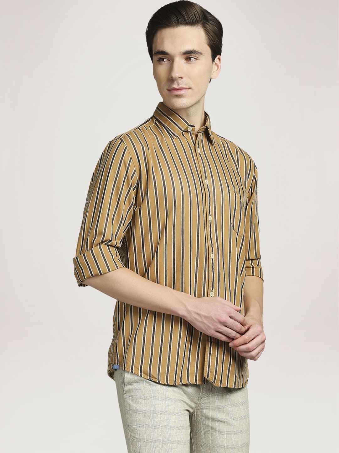 Men Yellow Slim Fit Stripe Cotton Full Sleeve Shirts - Image 5