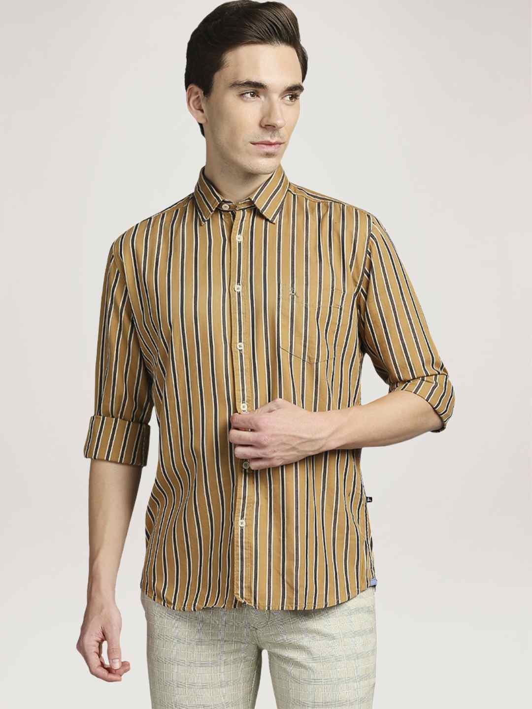 Men Yellow Slim Fit Stripe Cotton Full Sleeve Shirts - Image 6