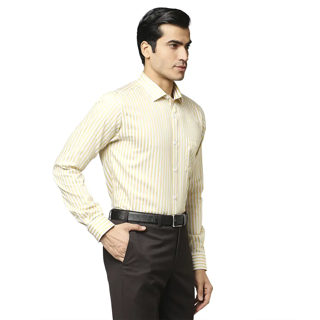 Men Yellow Slim Fit Stripe Cotton Shirts - Image 2
