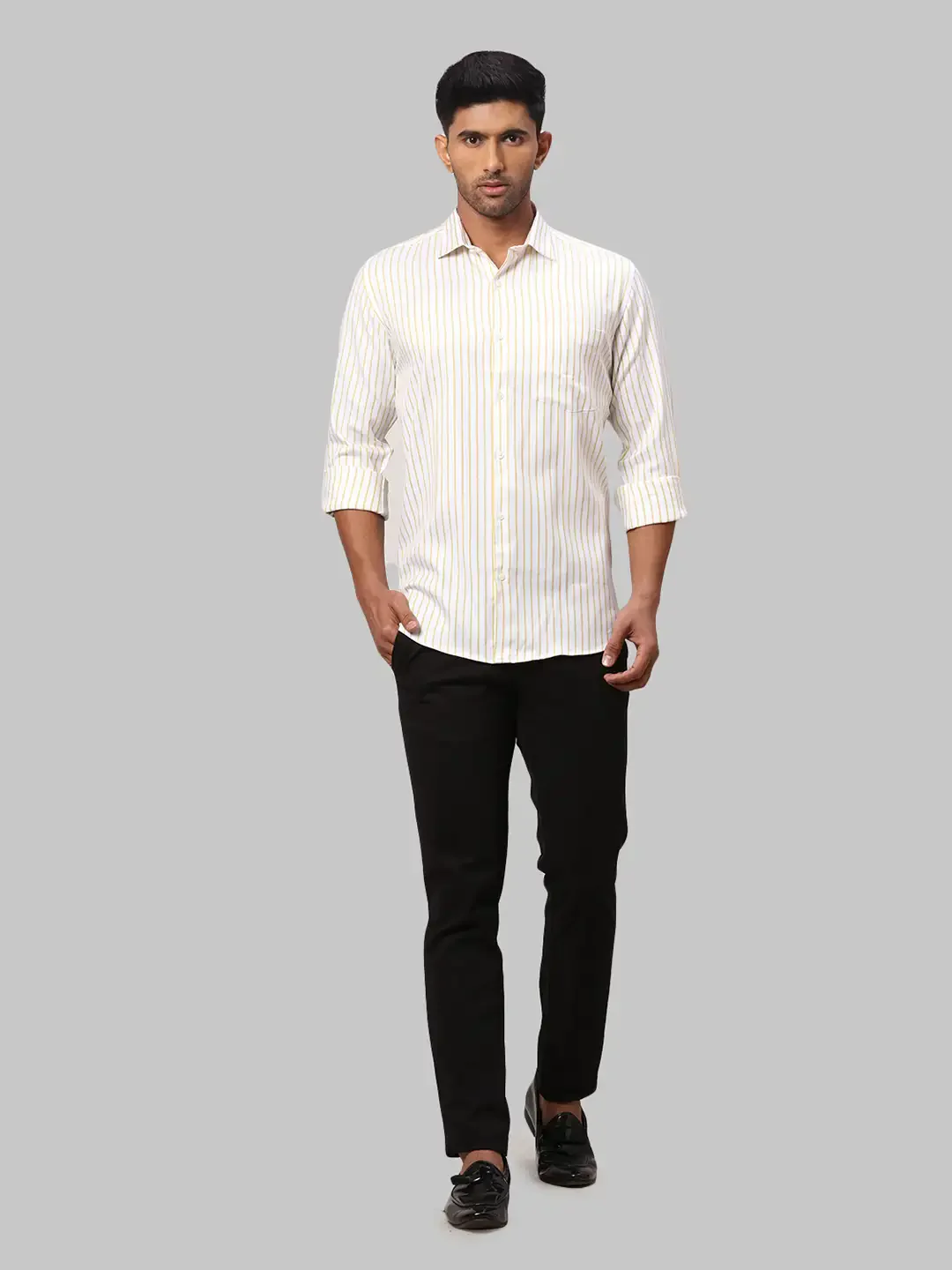 Men Yellow Slim Fit Stripe Cotton Shirts - Image 5