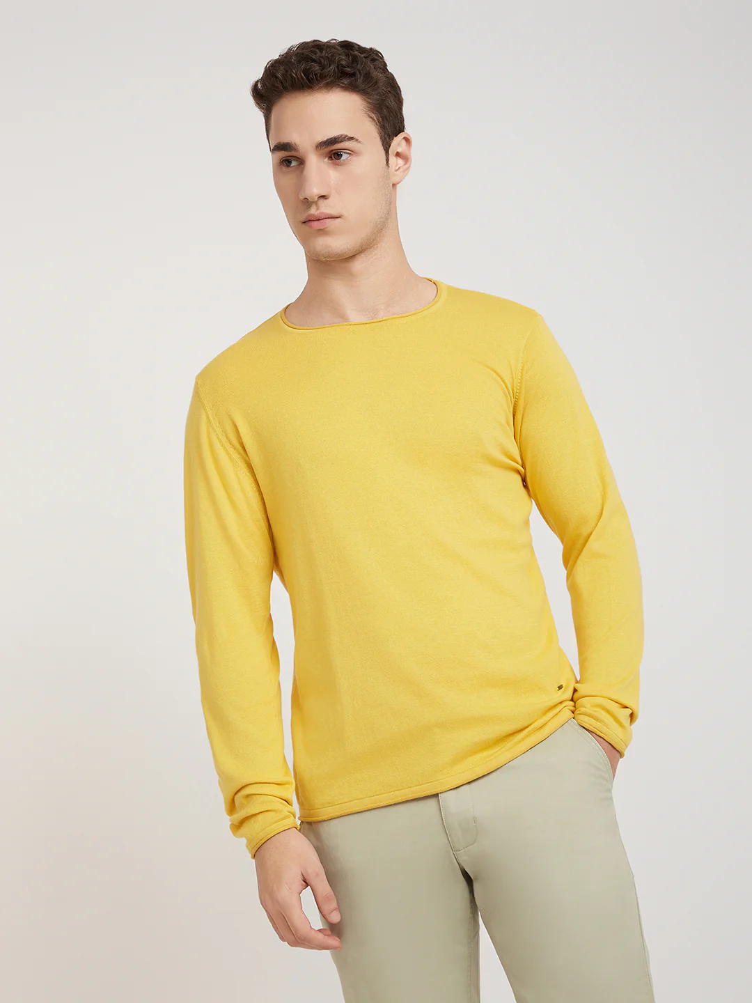 Men Yellow Solid Cotton Full Sleeve Sweaters