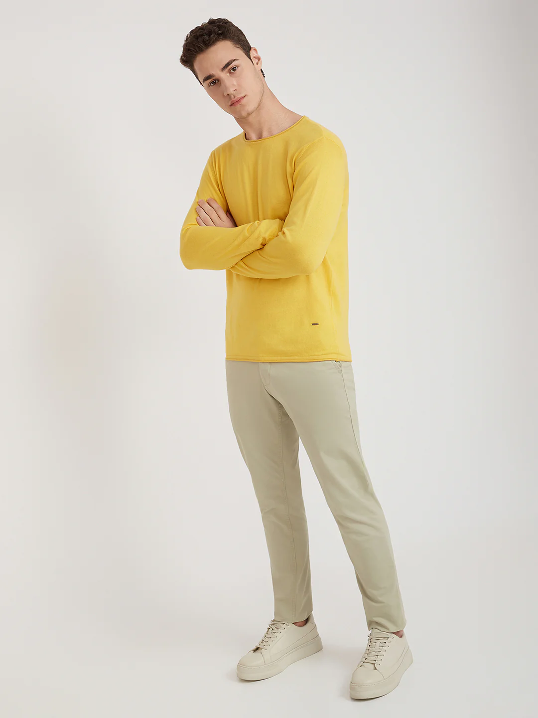 Men Yellow Solid Cotton Full Sleeve Sweaters - Image 5
