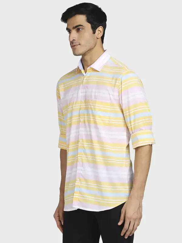 Men Yellow Tailored Fit Barre Cotton Full Sleeve Shirts - Image 3