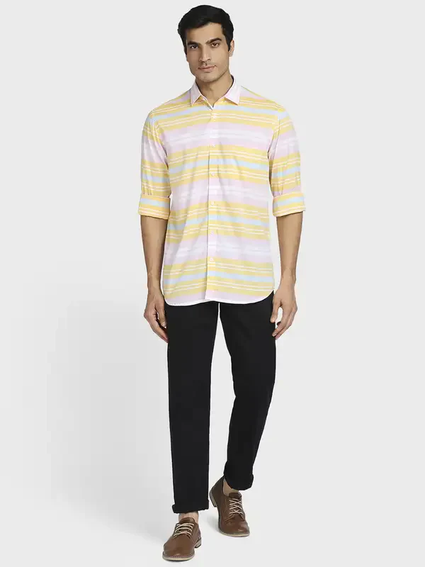 Men Yellow Tailored Fit Barre Cotton Full Sleeve Shirts - Image 5