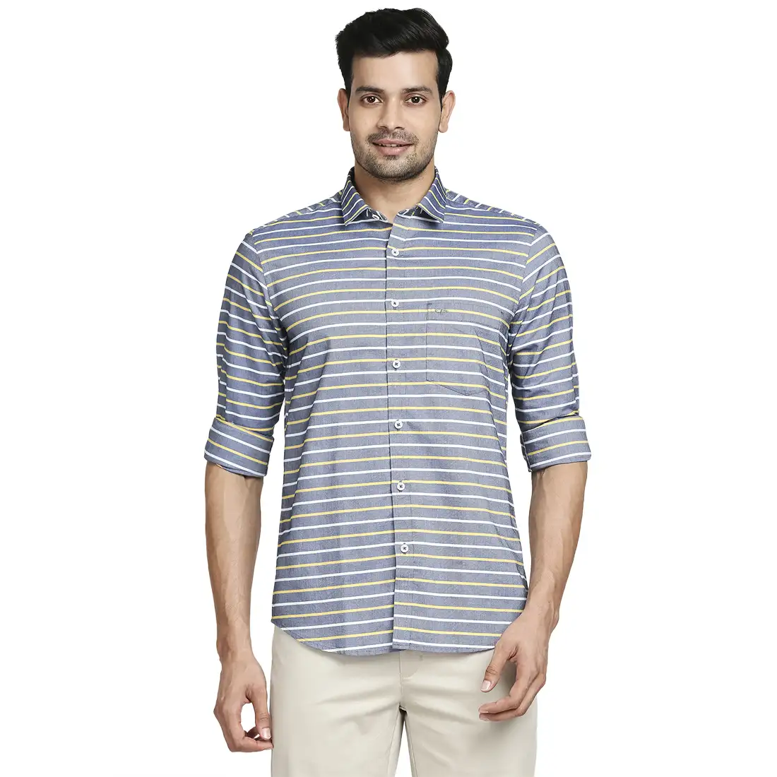 Men Yellow Tailored Fit Barre Cotton Full Sleeve Shirts - Image 8