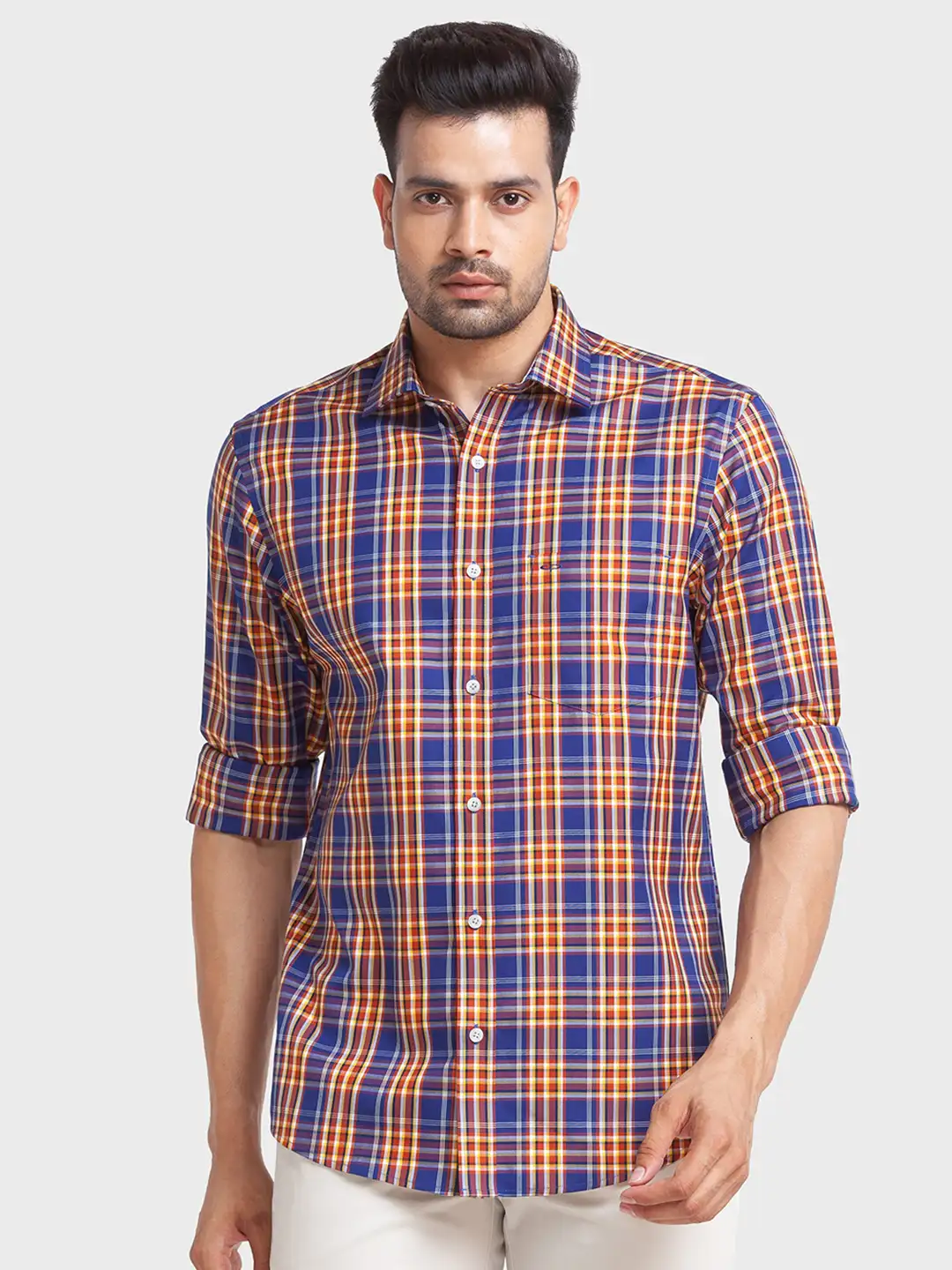 Colorplus Men Blue Checks Tailored Fit Cotton Casual Shirt