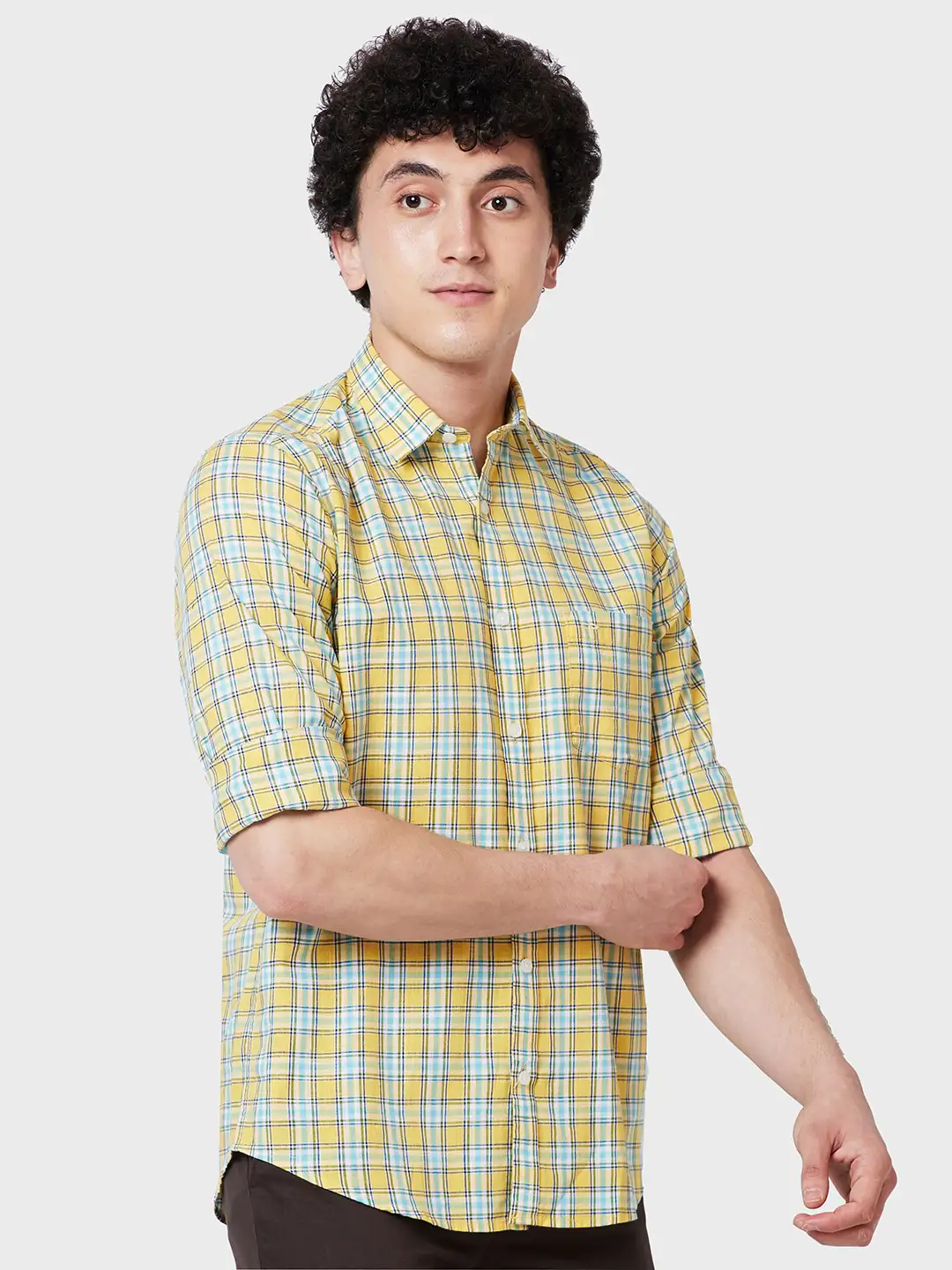 Men Yellow Tailored Fit Checks Cotton Full Sleeve Shirts - Image 2