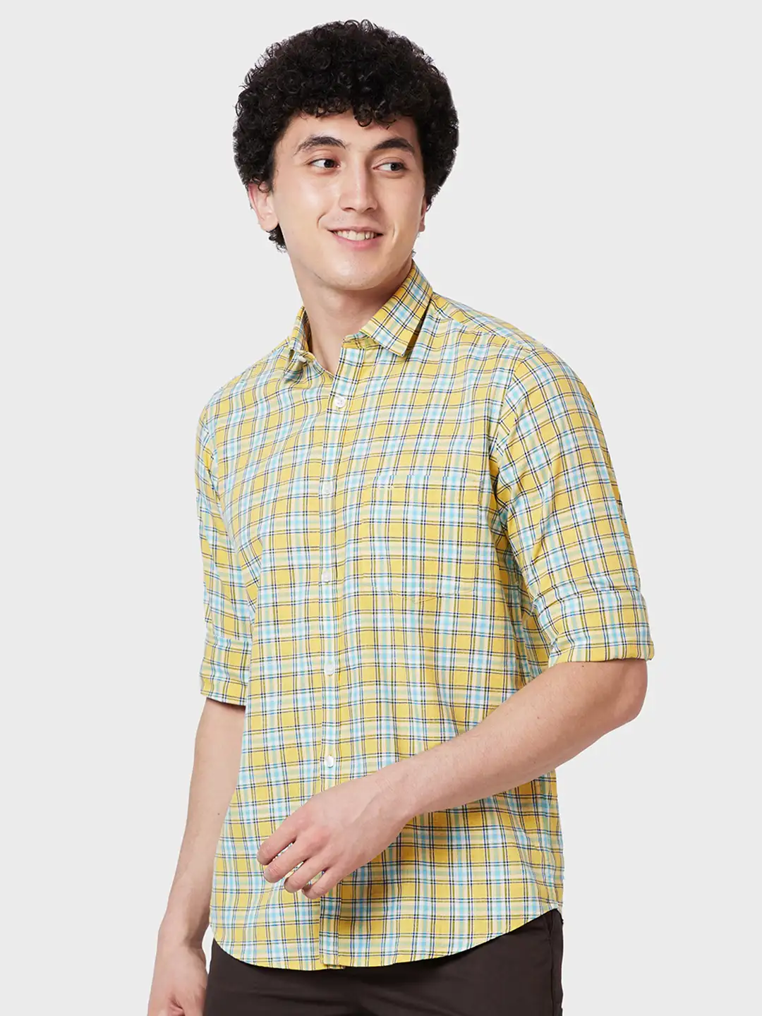 Men Yellow Tailored Fit Checks Cotton Full Sleeve Shirts - Image 3