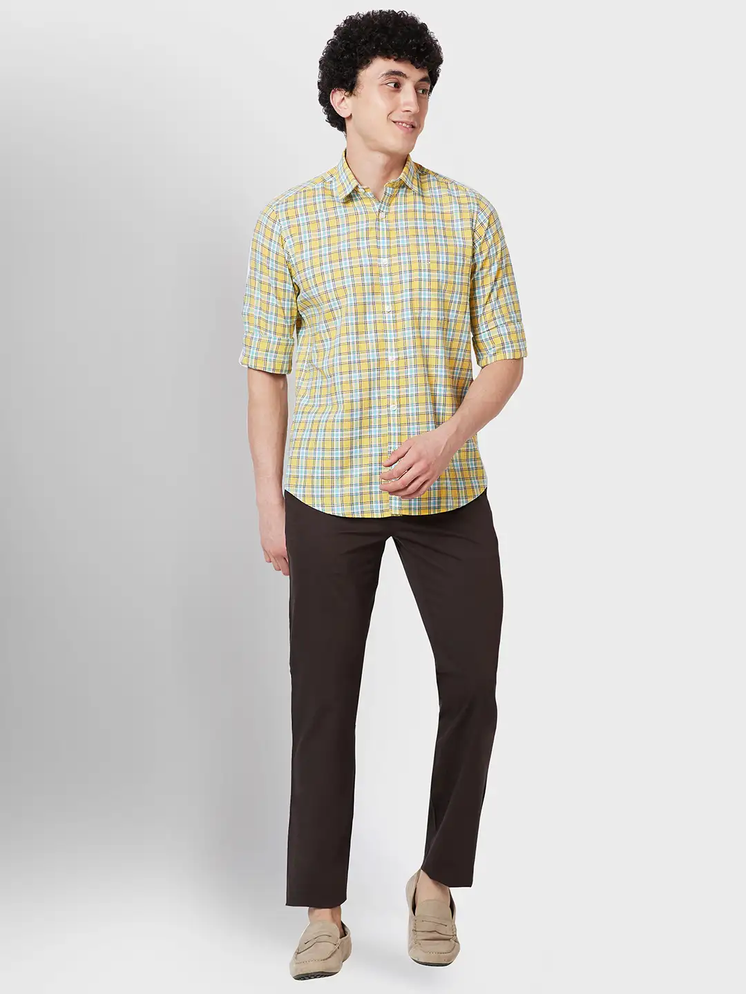 Men Yellow Tailored Fit Checks Cotton Full Sleeve Shirts - Image 5
