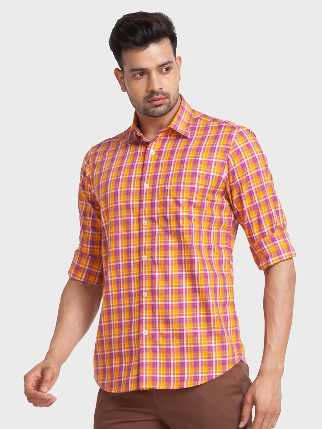 Men Yellow Tailored Fit Checks Cotton Full Sleeve Shirts - Image 3