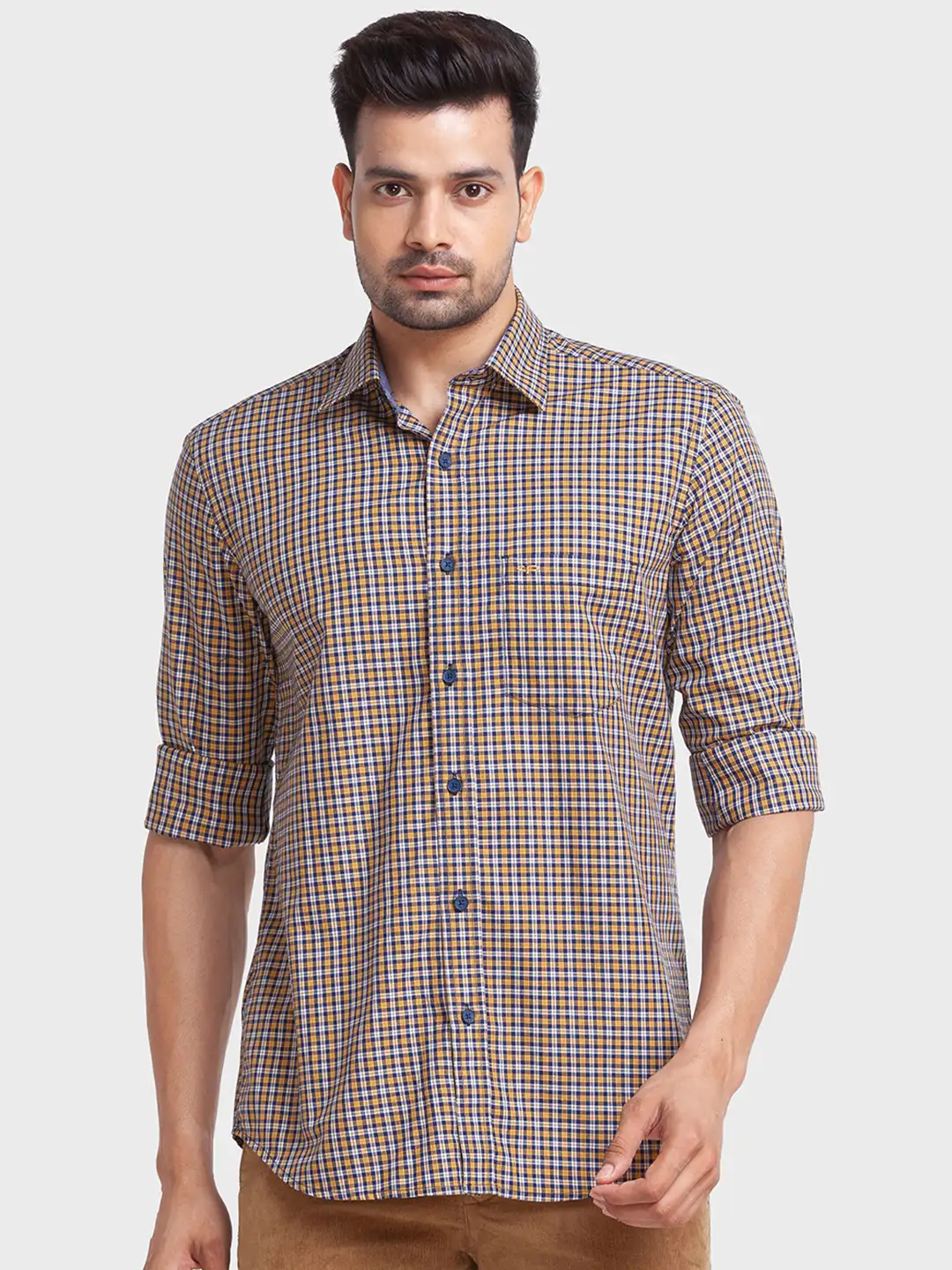 Men Yellow Tailored Fit Checks Cotton Full Sleeve Shirts