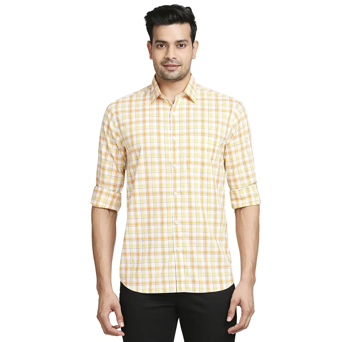 Men Yellow Tailored Fit Checks Cotton Full Sleeve Shirts