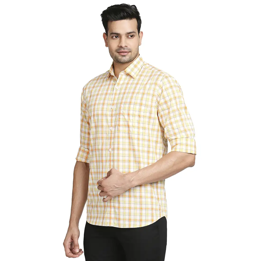 Men Yellow Tailored Fit Checks Cotton Full Sleeve Shirts - Image 2