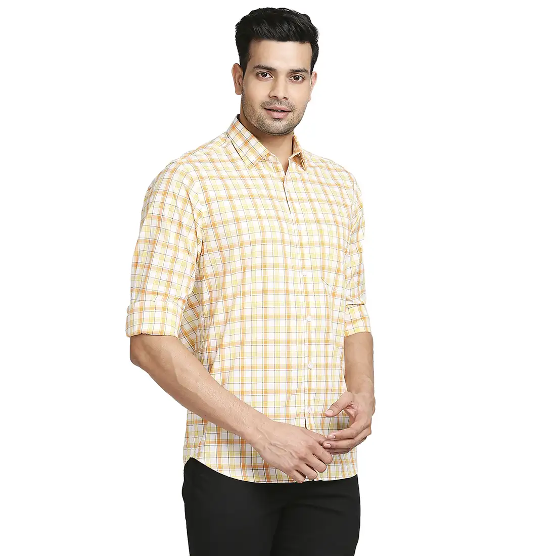 Men Yellow Tailored Fit Checks Cotton Full Sleeve Shirts - Image 3