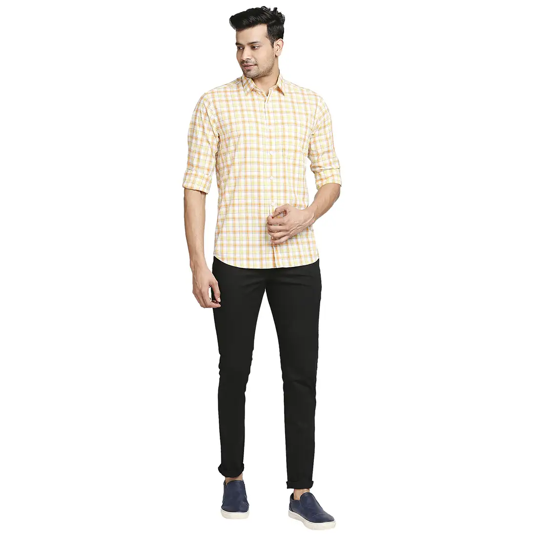 Men Yellow Tailored Fit Checks Cotton Full Sleeve Shirts - Image 5