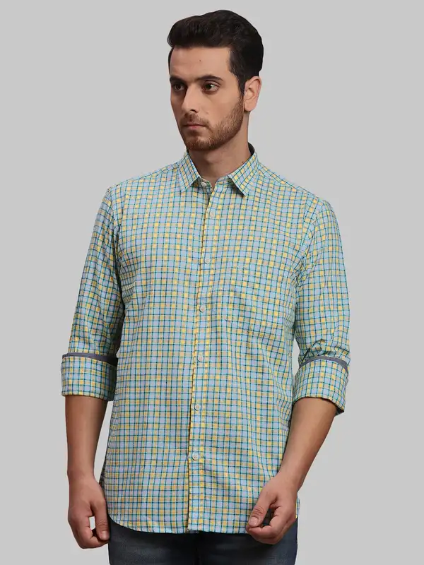 Men Yellow Tailored Fit Checks Cotton Full Sleeve Shirts