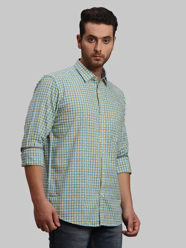 Men Yellow Tailored Fit Checks Cotton Full Sleeve Shirts - Image 2