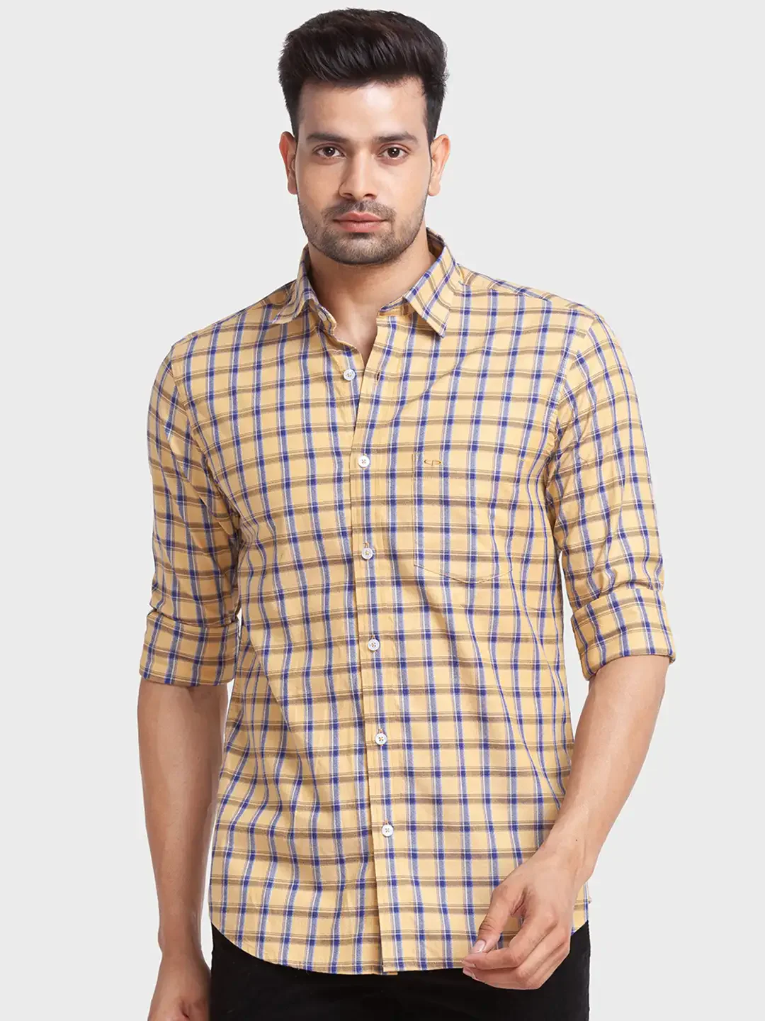 Men Yellow Tailored Fit Checks Cotton Full Sleeve Shirts