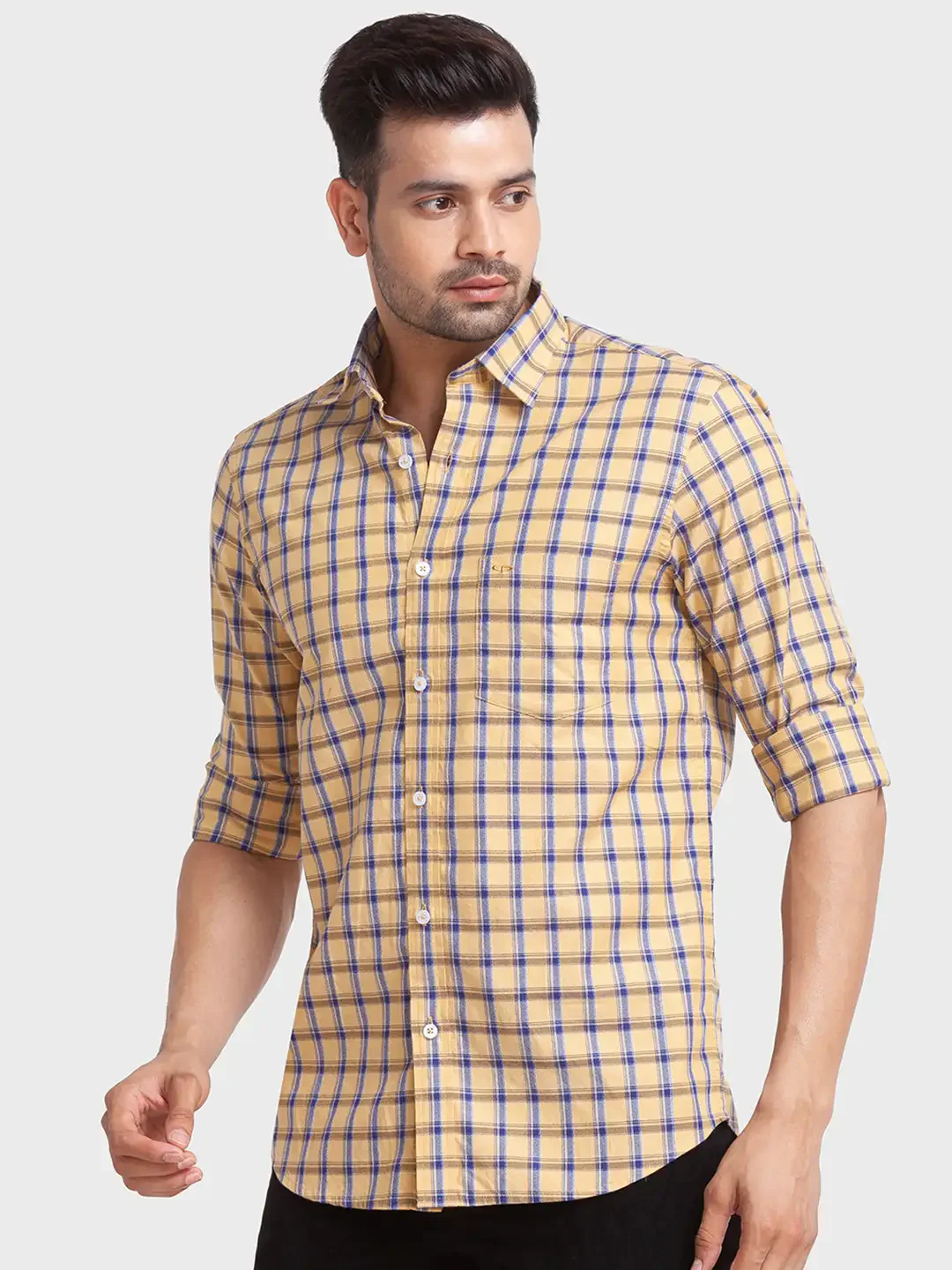 Men Yellow Tailored Fit Checks Cotton Full Sleeve Shirts - Image 3