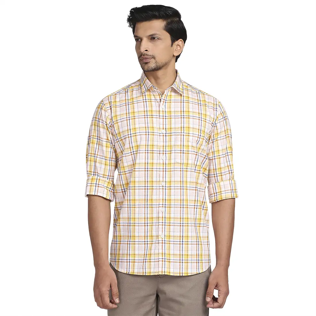 Men Yellow Tailored Fit Checks Cotton Full Sleeve Shirts