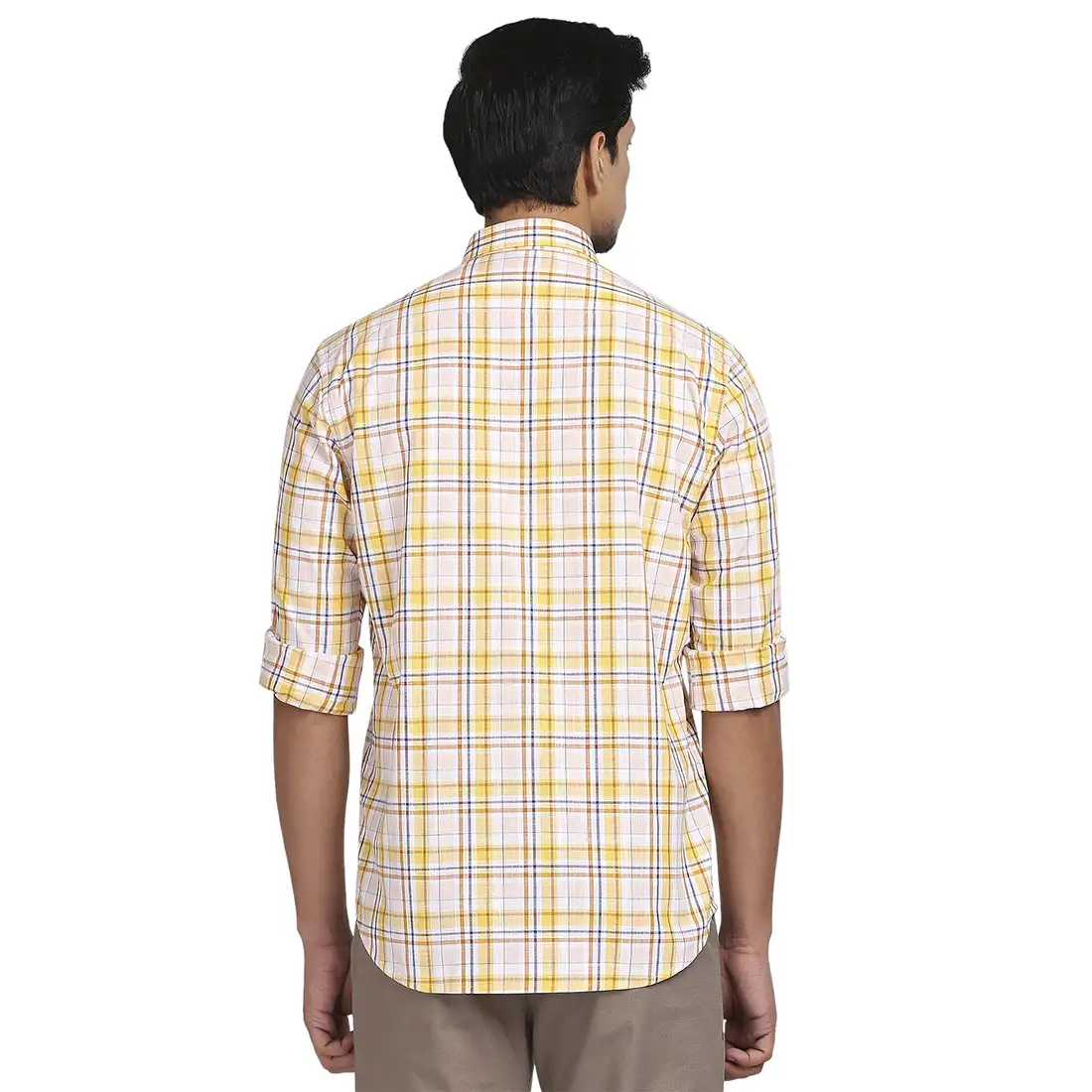 Men Yellow Tailored Fit Checks Cotton Full Sleeve Shirts - Image 4