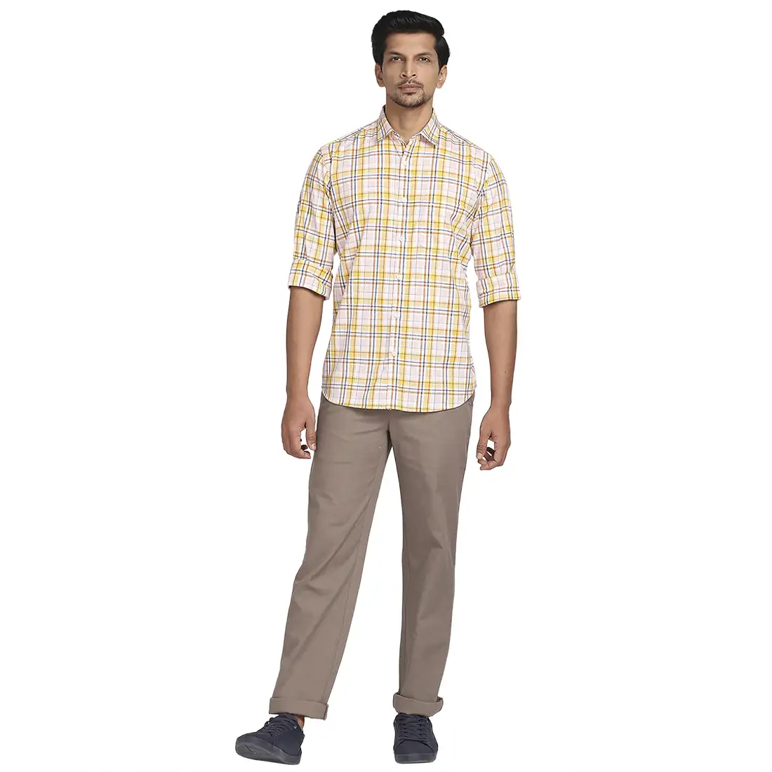 Men Yellow Tailored Fit Checks Cotton Full Sleeve Shirts - Image 5