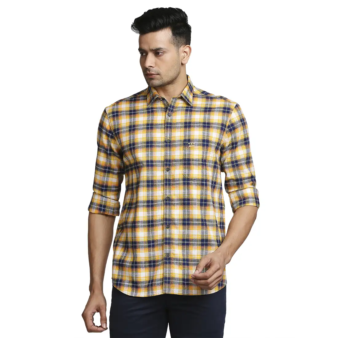 Men Yellow Tailored Fit Checks Cotton Full Sleeve Shirts