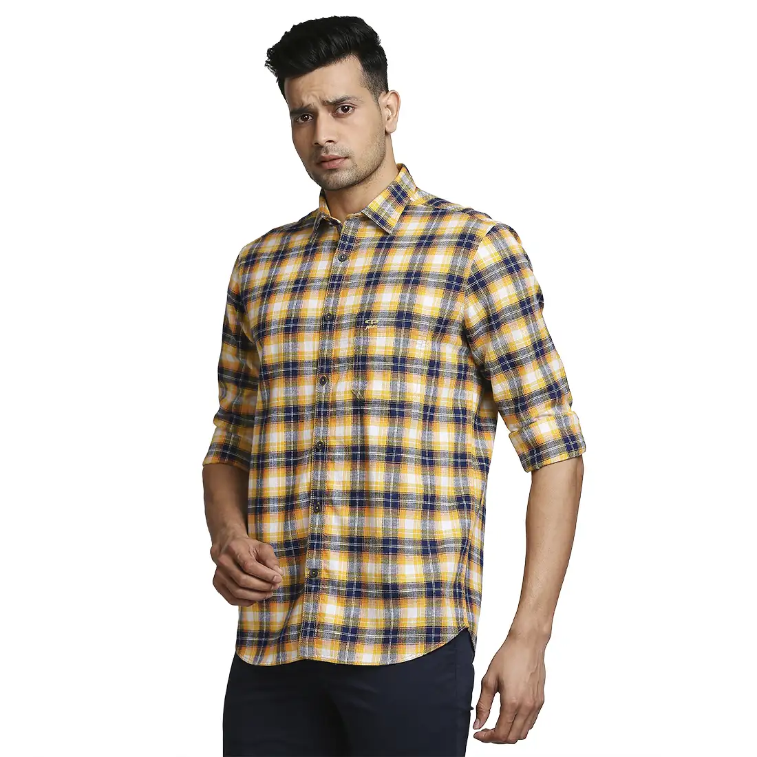 Men Yellow Tailored Fit Checks Cotton Full Sleeve Shirts - Image 3