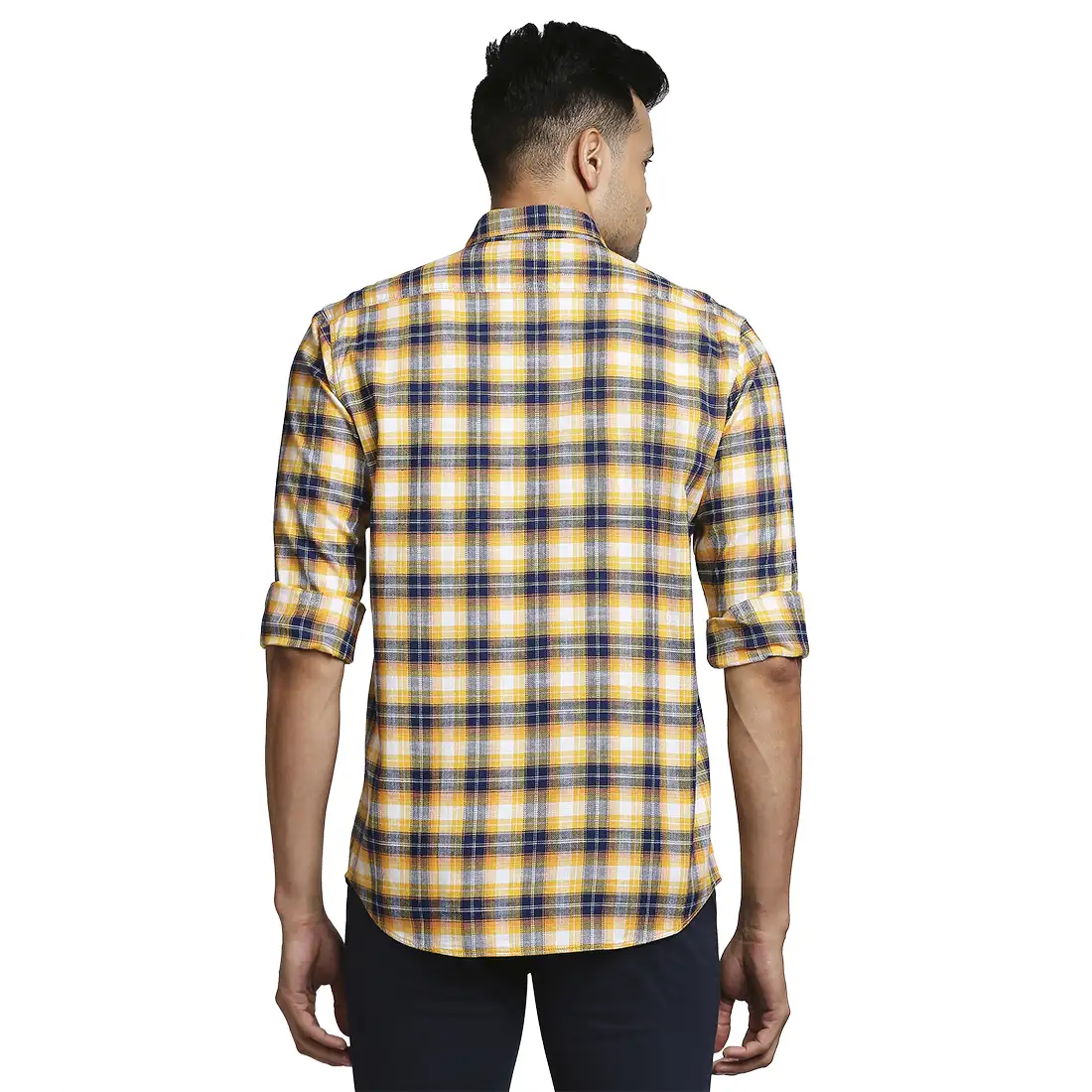 Men Yellow Tailored Fit Checks Cotton Full Sleeve Shirts - Image 4