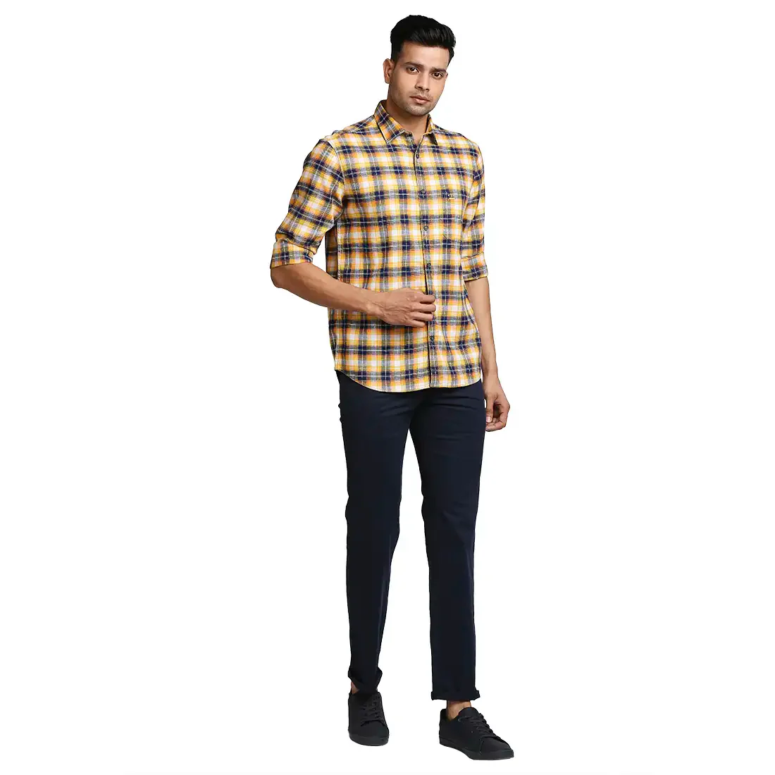 Men Yellow Tailored Fit Checks Cotton Full Sleeve Shirts - Image 5