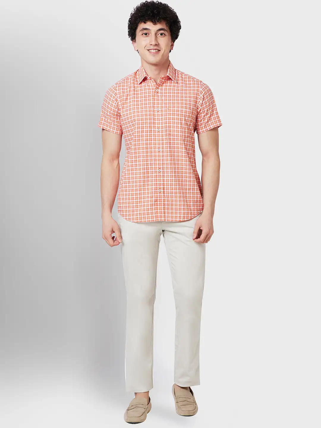 Men Yellow Tailored Fit Checks Cotton Half Sleeve Shirts - Image 6