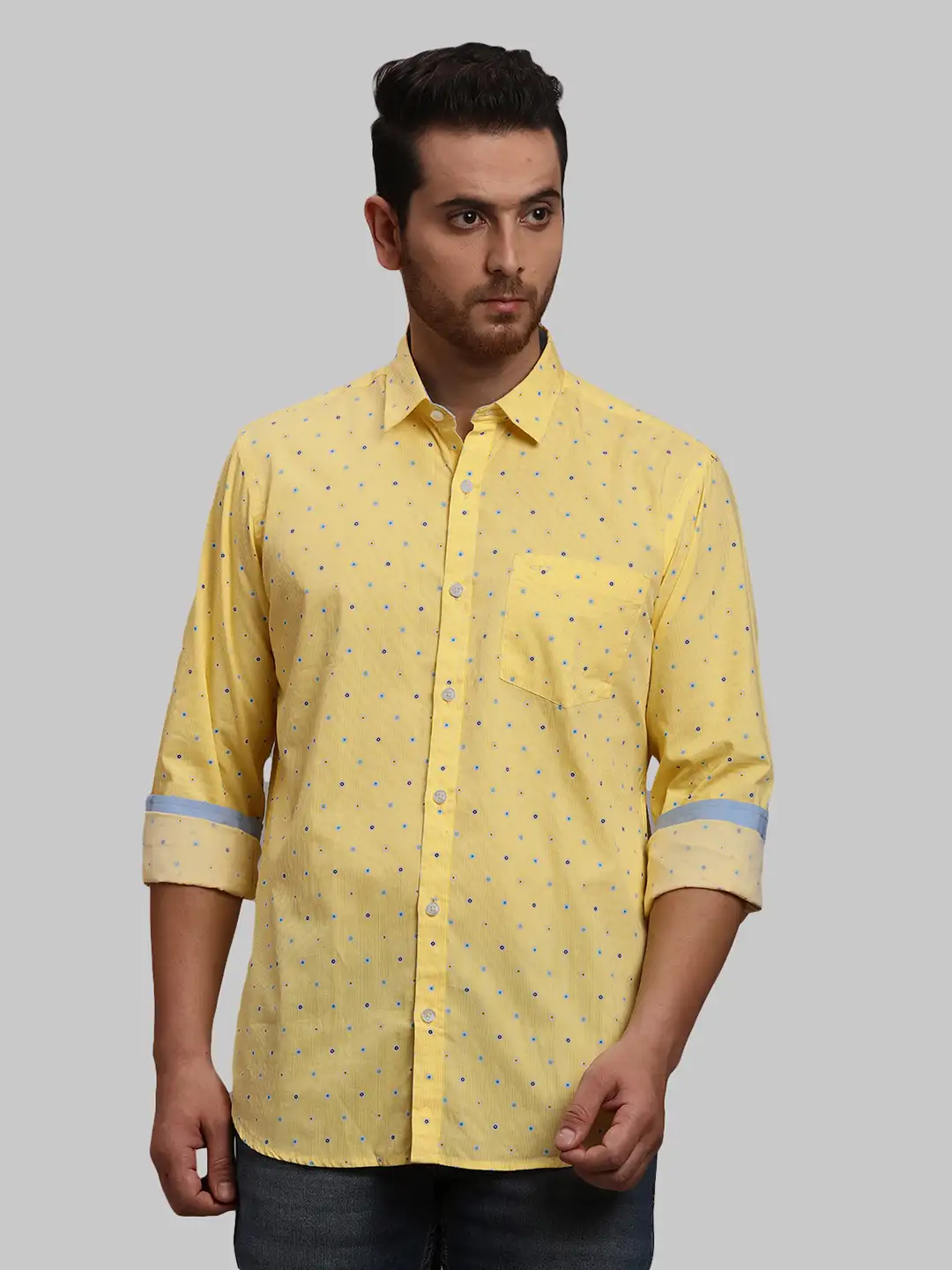 Men Yellow Tailored Fit Print Cotton Full Sleeve Shirts