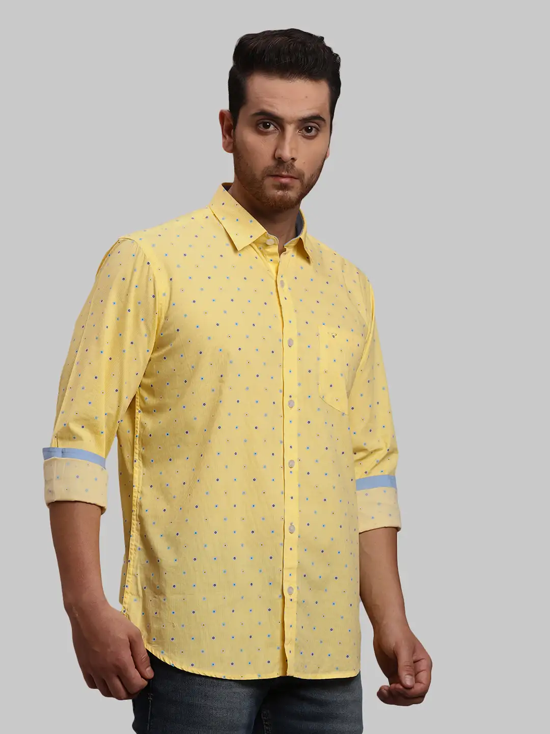 Men Yellow Tailored Fit Print Cotton Full Sleeve Shirts - Image 2